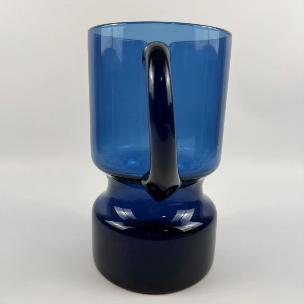 Vintage Scandinavian Modern Blue Art Glass Pitcher Hand Blown Pedestal Jug